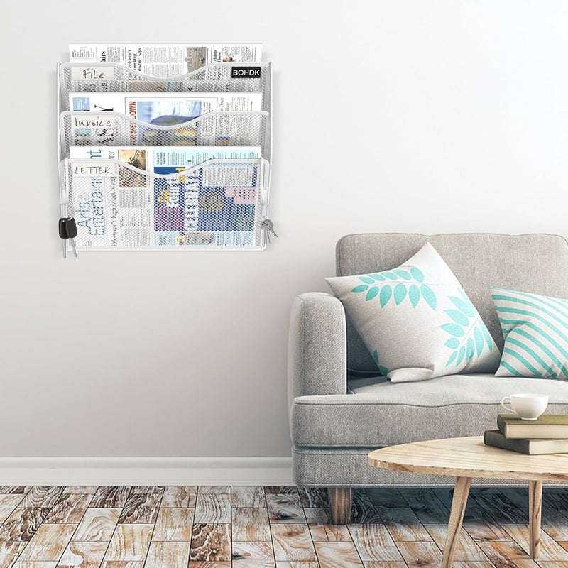 BOHDK Wall File Organizer, 3 Tire Hanging File Folder Mail Organizer, Vertical Mesh Metal Door/Wall Mount Hanging File Organizer, Paper Document Magazine Rack with Hooks for Home Office White - Image 2